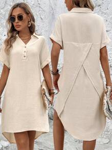 SHEIN LUNE Vestido camisero informal de mezcla de algodón y lino para el verano, con cuello mao, decoración de botones en la espalda, superposición y bajo asimétrico para mujeres - Albaricoque - Ver 1