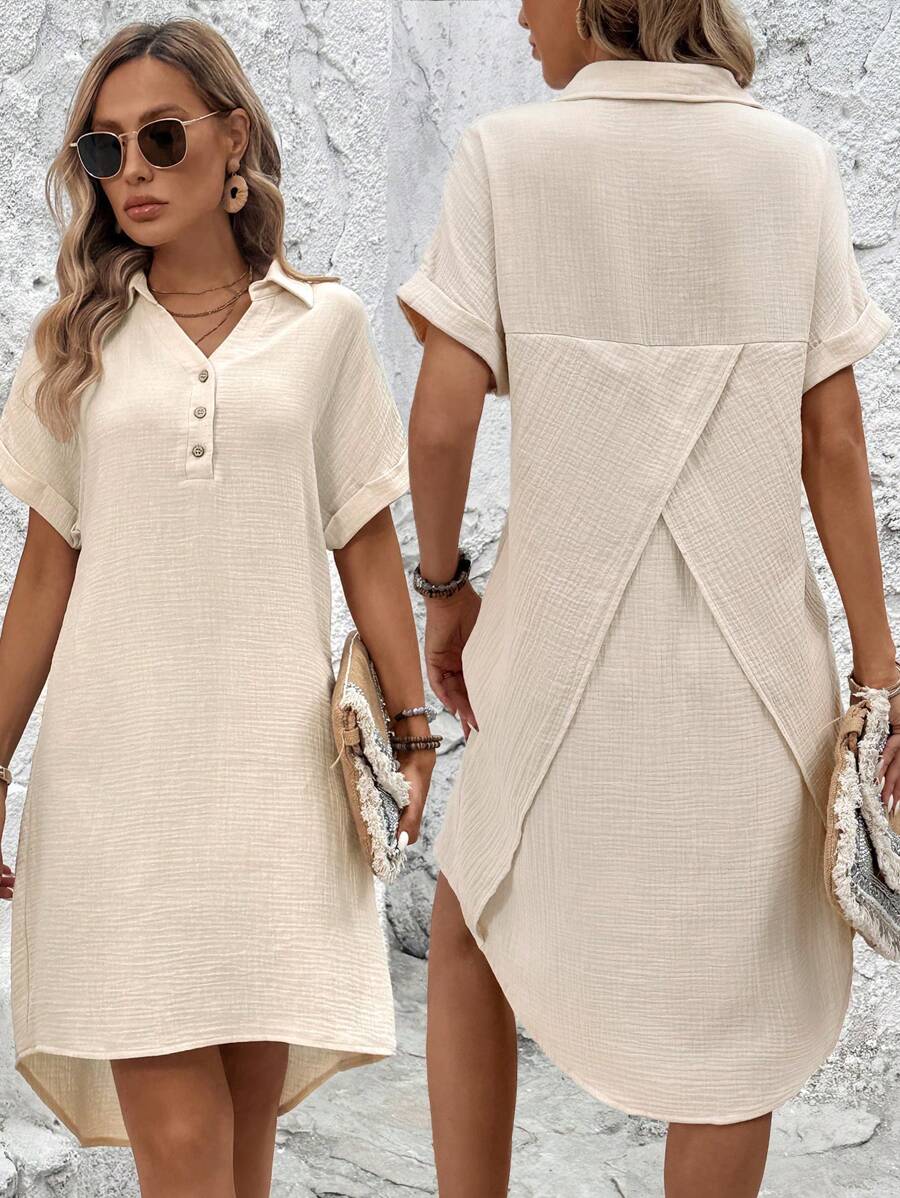 SHEIN LUNE Vestido camisero informal de mezcla de algodón y lino para el verano, con cuello mao, decoración de botones en la espalda, superposición y bajo asimétrico para mujeres - Albaricoque - Ver 1