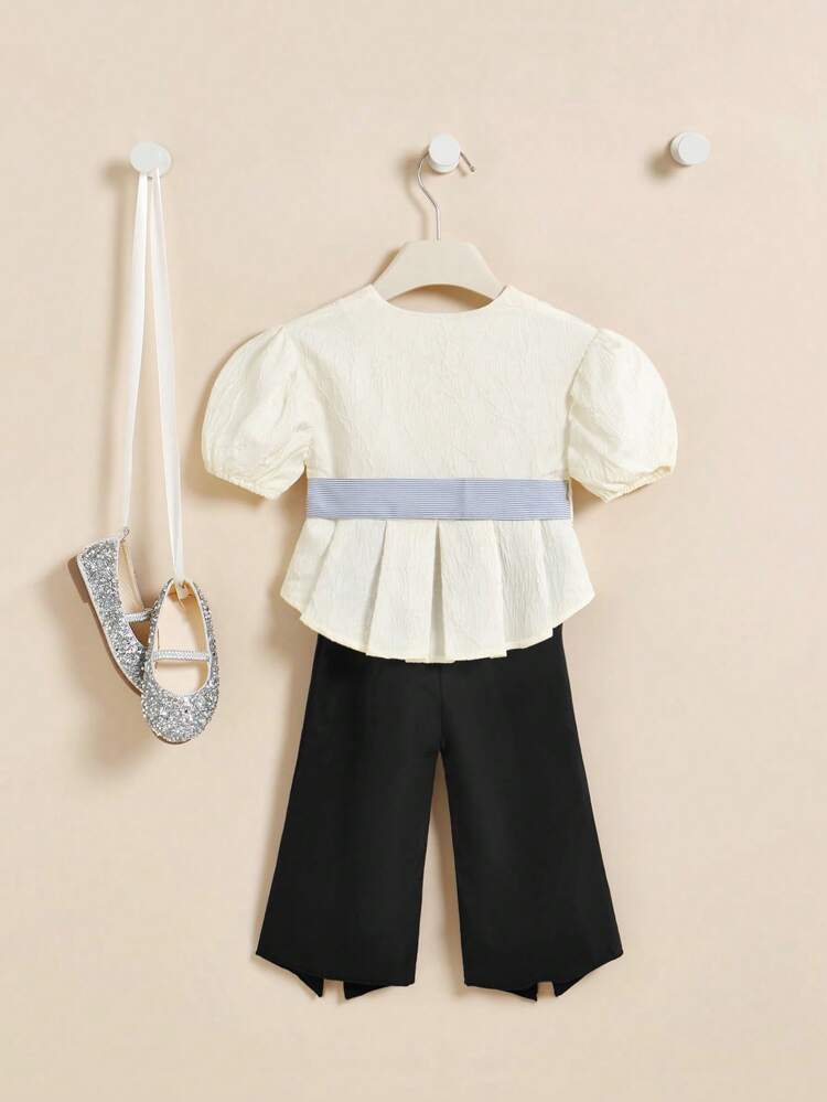 Baby Girl Elegant Bubble Sleeve Diagonal Placket Top With Split Hem Design Pants