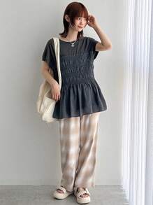 FRIFUL Women's Summer Solid Color Round Neck Short Sleeve T-Shirt With Ruffled Hem