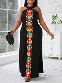 SHEIN Lady Sukienka plus size z nadrukiem, bez rękawów, wiązana na szyi, elegancka na imprezy i wyjścia, wyszczuplająca, idealna na lato, festiwal, koncerty muzyki country, wysokie kobiety