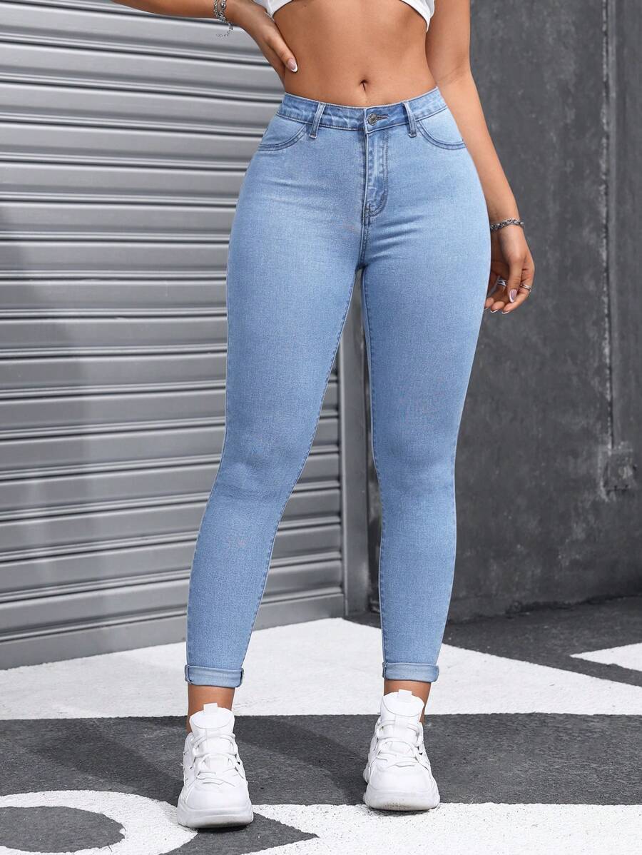 SHEIN ICON 大尺碼女款口袋修身百搭休閒牛仔褲 - 深色水洗藍 - 查看 1