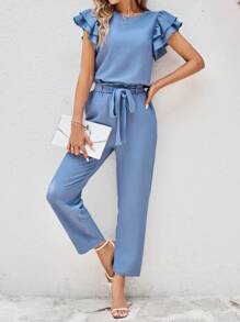 SHEIN Clasi Women's Round Neck Short Sleeve Shirt With Ruffle Trim And Detachable Belted Pants, 2pcs/Set
