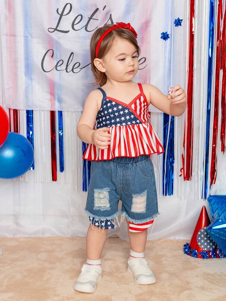 2pcs Baby Girls' Casual Stars & Stripes Printed Tank Top And Denim Shorts Set, Suitable For Independence Day, Spring/Summer