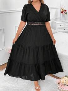 Celure Vestido de talla grande para mujer con mangas cortas y unicolor de moda - Negro - Ver 6