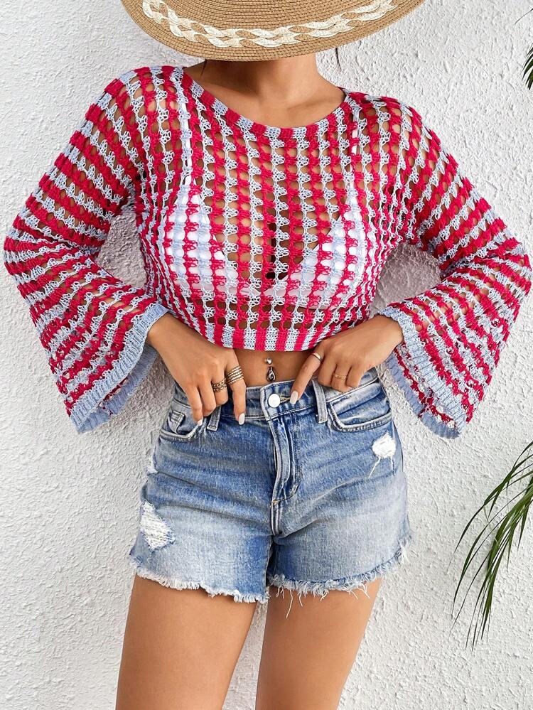 Summer Women's Round Neck See-Through Color Block Long Sleeve Cover-Up Top