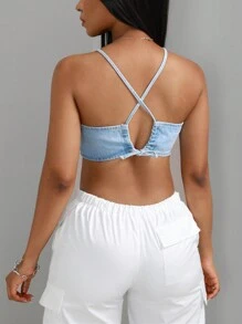 SHEIN SXY Solid Color Summer Denim Spaghetti Strap Backless Tank Top - Blue - View 5