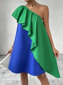Calvaya Robe d'été asymétrique avec encolure en bloc de couleur et ourlet à volants