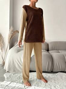 RueChic Panda & Letter Embroidery Contrast Sleeve PJ Set - Brown - View 4