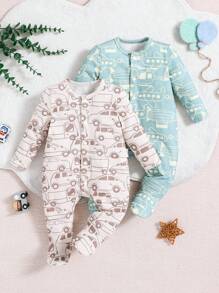 SHEIN Baby Boy Fun Car Airplane Pattern Long Sleeves Footies Knit Comfortable Jumpsuit Two-Piece With Front Zipper Opening - Blue - View 1