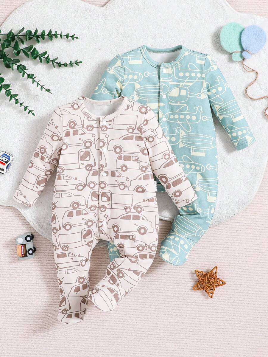 SHEIN Baby Boy Fun Car Airplane Pattern Long Sleeves Footies Knit Comfortable Jumpsuit Two-Piece With Front Zipper Opening - Blue - View 1