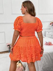 Sunnyshic Plus Size Summer Casual Solid Color Hollow Out Embroidered Puff Sleeve Shirt And Skirt Two-Piece Set - Burnt Orange - View 2