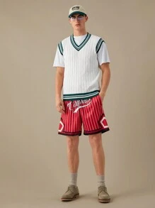 SWAVVY Men Striped Trim Cable Knit Sweater Vest,Back To School - White - View 5