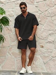 Genlund Men's Fashionable Textured Solid Color Lapel Collared Top And Shorts Set, Cozy Outfits - Black - View 5