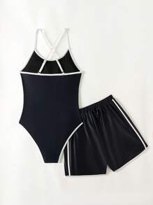 Traje de baño de una pieza para adolescentes con estampado en blanco y negro de letras Galifornia West Coast, estilo deportivo casual, suelto, adecuado para la playa de verano, surf y actividades al aire libre en el agua, con pantalones cortos y tirantes