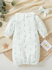 Baby Girl Printed Lantern Sleeve Casual Homewear With Ruffle Hem And Single-Breasted Button - Multicolor - View 2