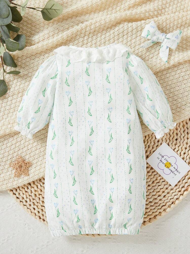 Baby Girl Printed Lantern Sleeve Casual Homewear With Ruffle Hem And Single-Breasted Button
