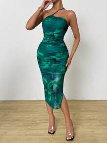 Chiquease 女士夏季扎染印花单肩优雅连衣裙，腰部褶皱长款女士服装 - 綠色 - 查看 4