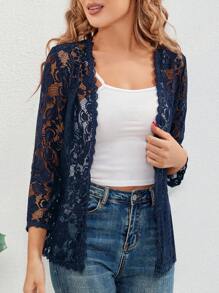 Women's Fashionable Lace Cardigan With Three-Quarter Sleeves, Versatile - Navy Blue - View 1