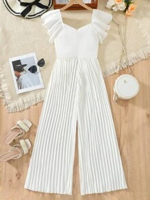 Teen Girl Spring/Summer Woven Pleated Jumpsuit - White - View 2