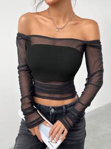 SHEIN EZwear Áo lưới dài tay xuyên thấu màu trơn dành cho nữ - màu đen - Xem 6