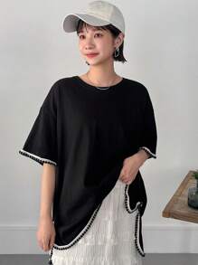 FRIFUL Women's Summer Loose Round Neck T-Shirt With Wide Sleeves And Cuff Splice Design