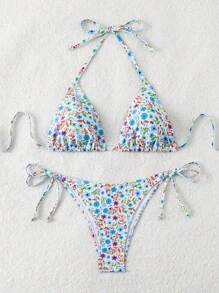Swim Mod Summer Women's Vacation Plant Print Halter Neck Tie Sexy Bikini Set, Random Print - Multicolor - View 5