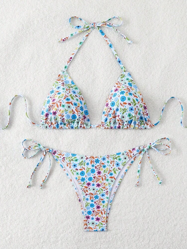 Summer Women's Vacation Plant Print Halter Neck Tie Sexy Bikini Set, Random Print