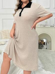 Color-Blocked Collar Half Placket Shirt Dress, Plus Size, Short Sleeved Sleepwear