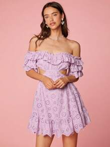 Enchnt Romantic Summer Holiday  Embroidery Tiered Ruffle Purple Off Shoulder Dress - Mauve Purple - View 1