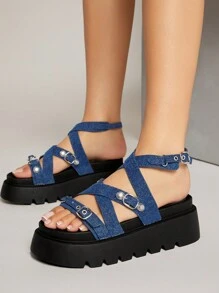 SHUZIA Women's Solid Color Cross Strap Thick-Soled Sandals