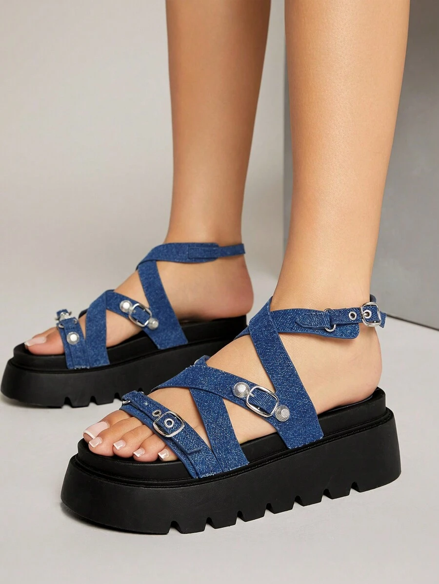 SHUZIA Women's Solid Color Cross Strap Thick-Soled Sandals - Blue - View 1
