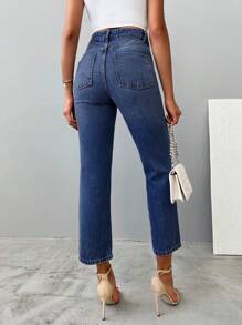 SHEIN Cottnline Jeans Casuales De Corte Recto De Color Sólido - Celeste - Ver 2