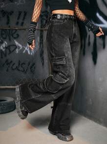 ROMWE Grunge Punk 翻盖口袋侧工装男友风牛仔裤（无腰带） - 深灰色 - 查看 4
