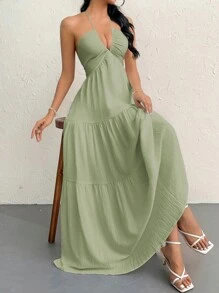 Women's Chiffon Halter Backless Dress With Tie-Back, Suitable For Vacation, Wedding, And Occasions - Green - View 3