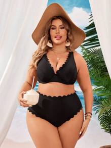 SHEIN Swim Curve 夏季海滩大码女式纯色简约日常比基尼套装 - 黑色 - 查看 3