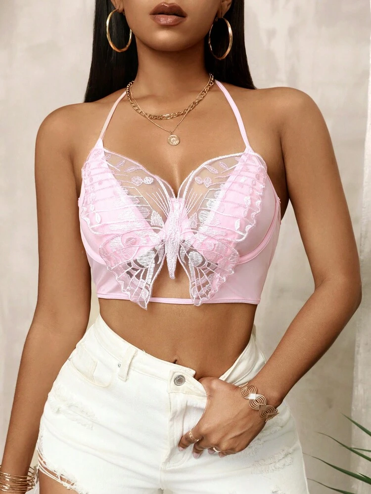 Butterfly Embroidery Halter Neck Tank Top For Summer