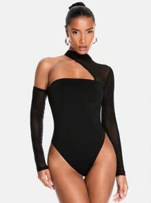 SHEIN BAE 黑色网眼拼布不对称紧身胸衣女式紧身衣、演唱会服装、节日服装夏季上衣 - 黑色 - 查看 3