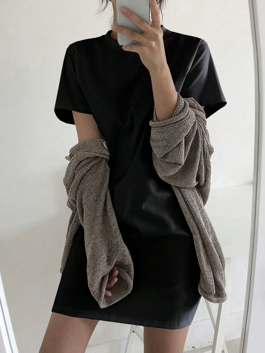 DAZY 女士宽松T恤款式短款连衣裙，纯色夏季太阳裙，休闲女士连衣裙 - 黑色 - 查看 1