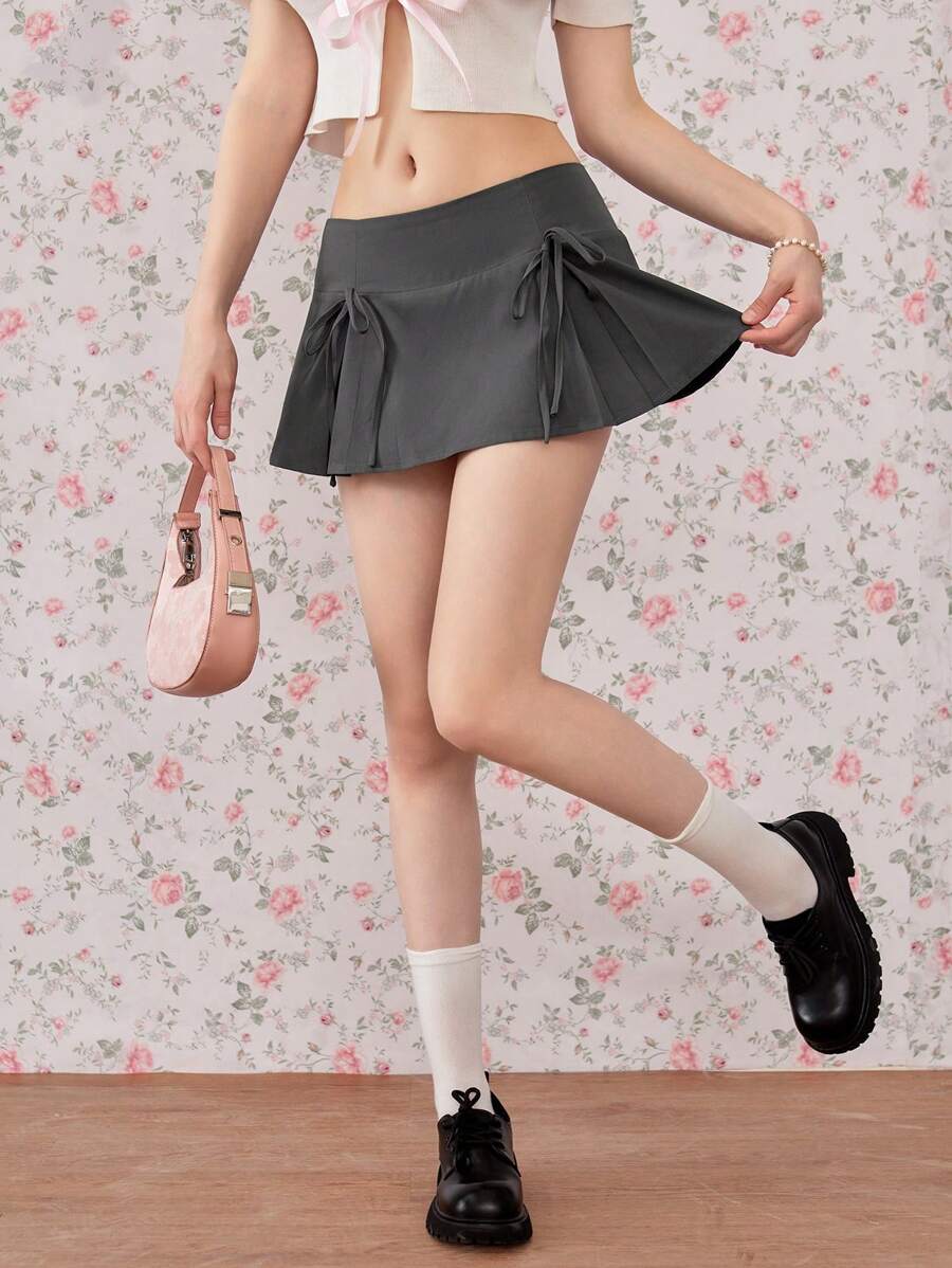 SHEIN Unity 女士时尚低腰甜美纯色蝴蝶结迷你裙 Y2K风 - 灰色 - 查看 1