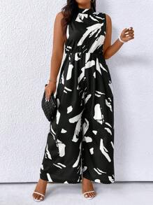 SHEIN Clasi Plus Size Summer Fashion Random Printed Stand Collar Sleeveless Wide Leg Jumpsuit - Black - View 1