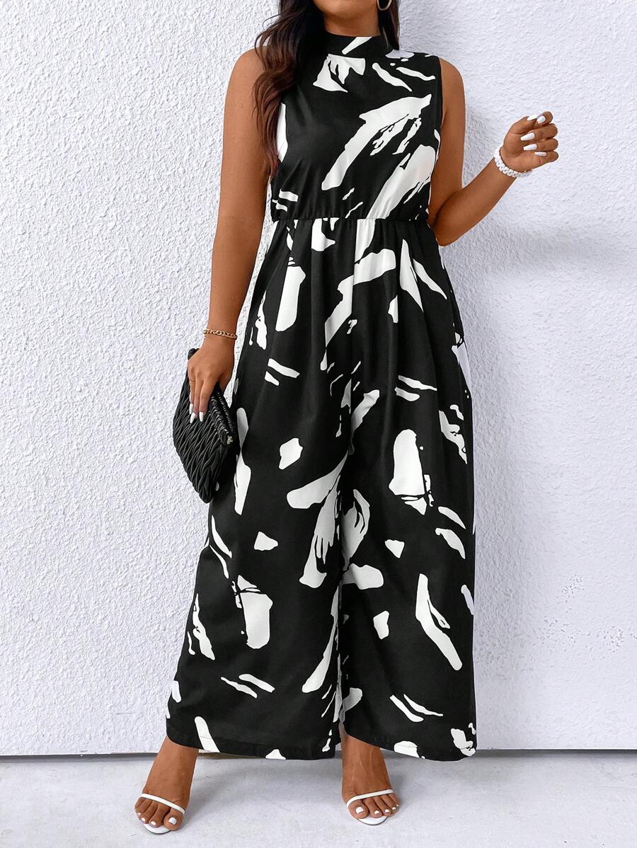SHEIN Clasi Plus Size Summer Fashion Random Printed Stand Collar Sleeveless Wide Leg Jumpsuit - Black - View 1