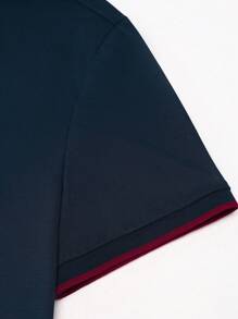 Manfinity Mode 男士时尚拼色短袖 Polo 衫，领口图案工作时尚爸爸和我，海军蓝男士 Polo 衫，男士高尔夫衫，男士时尚，男士服装 - 彩色 - 查看 5