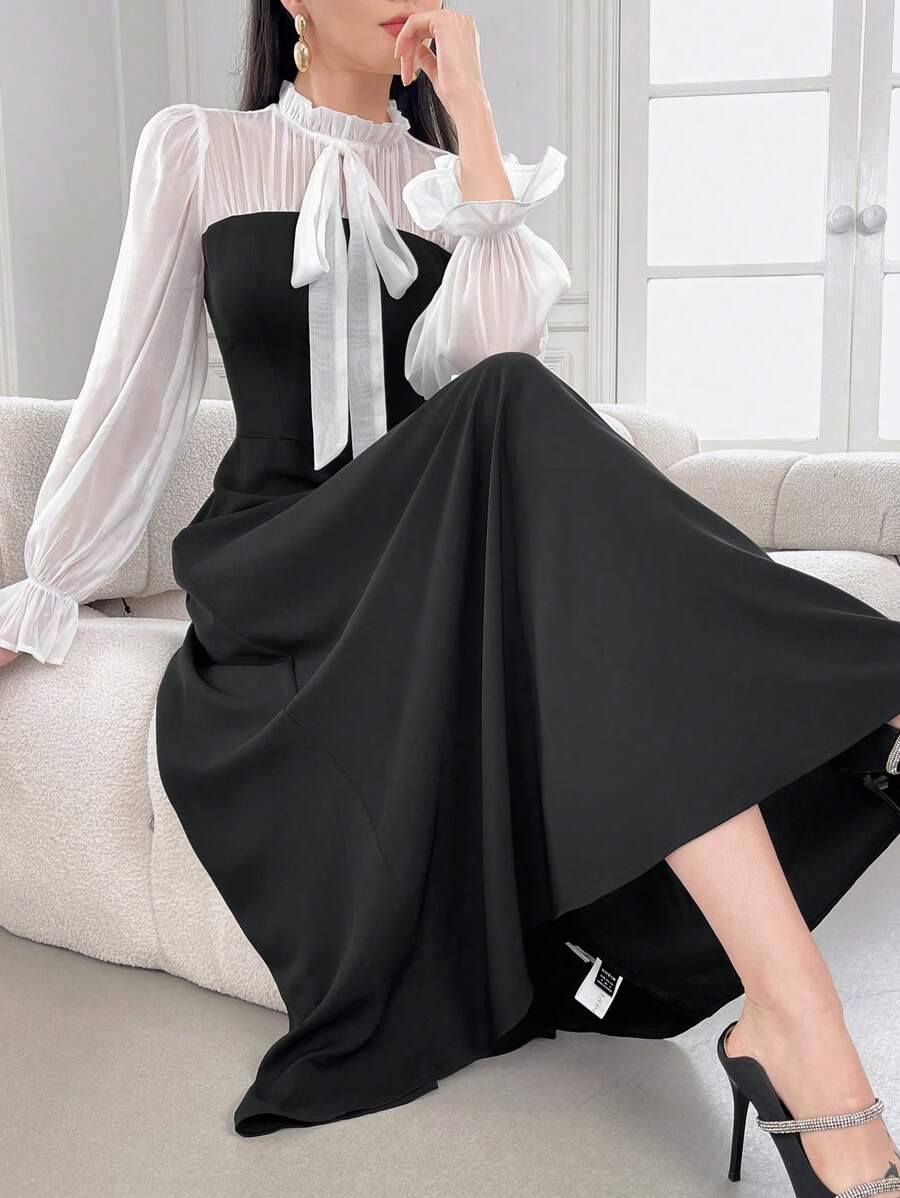 Modelyn Váy dài tay bèo nhún phối màu thanh lịch cho nữ mùa xuân/hè, váy dạ hội dài - Nhiều màu - Xem 1