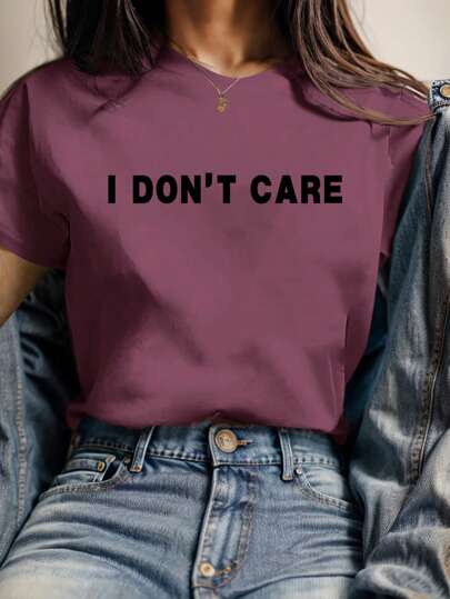 SHEIN LUNE Casual "I DON'T CARE" Letter Print Regular Crew Neck Short Sleeve Women T-Shirt, Suitable For Summer Suitable For Going Out