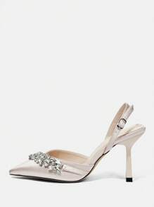 CUCCOO HITCHD Spring/Summer New Luxury Silk Silver Crystal Rhinestone Embellished Beige/Nude Stiletto High Heel Shoes, Party, Wedding, Date Occasion Backless Pumps For Christmas Elegant Shoes Wedding Shoes - Apricot - View 3