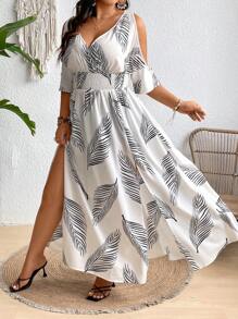 Breezaya Vestido de estampado integral estilo bohemio con abertura alta y hombros descubiertos, perfecto para el outfit de vacaciones de verano de mujer talla grande
