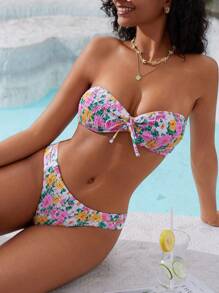 SHEIN Swim 女士夏季海灘小花蕾結收緊比基尼套裝，適合度假，媽媽和我匹配裝 (分開售賣) - 彩色 - 查看 5