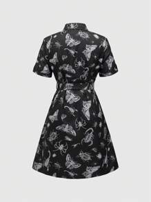 ROMWE Goth Women's Summer Casual Shirt Dress With Insect Print And Waist Tie - Black - View 2