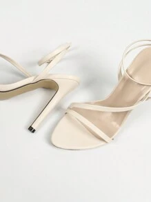 Women Lacquered Leather Strap Criss-Cross Ankle Buckle Open Toe Stiletto Heel Sandals, Casual Solid Color Minimalist Style, Suitable For Party And Banquet, Apricot Color High Heel Sandals